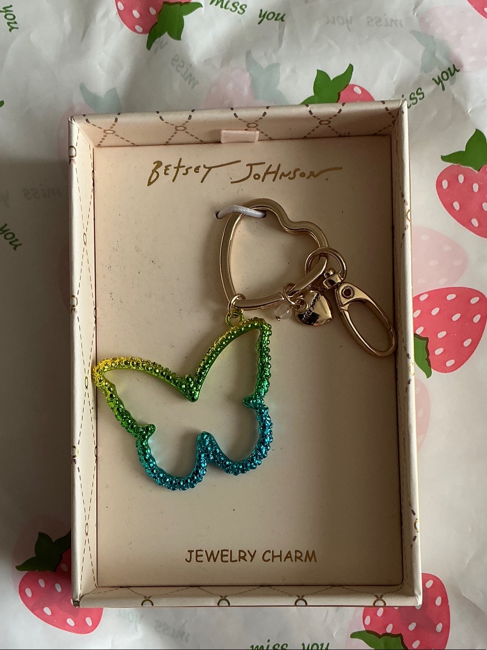 Betsey Johnson Yellow Green to Blue Ombre Rhinestone Butterfly Keychain